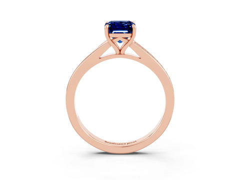 Rose gold Emerald Cut Blue Sapphire Solitaire Ring with Pavé Band and Prong Setting_3