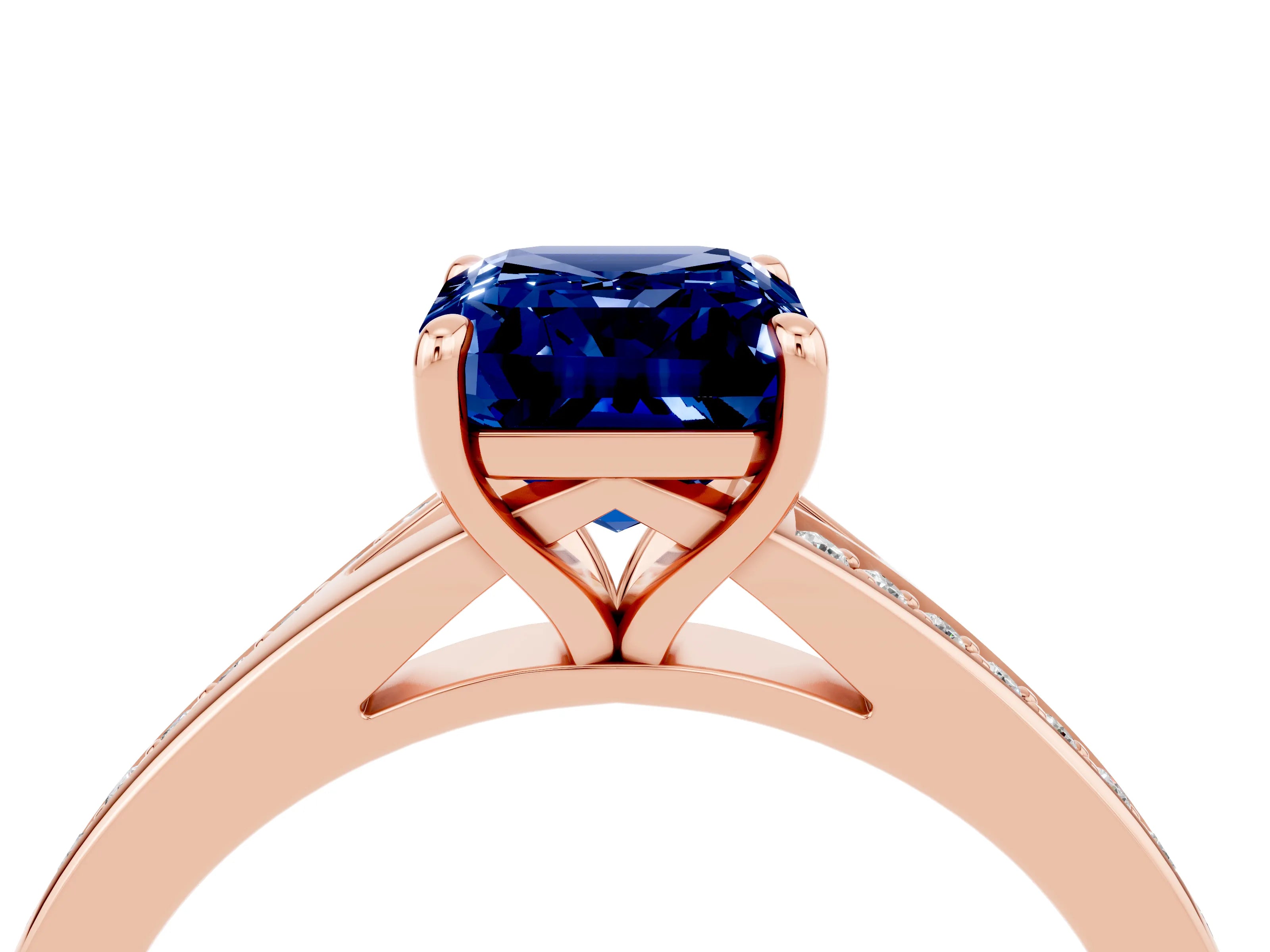 Rose gold Emerald Cut Blue Sapphire Solitaire Ring with Pavé Band and Prong Setting_4