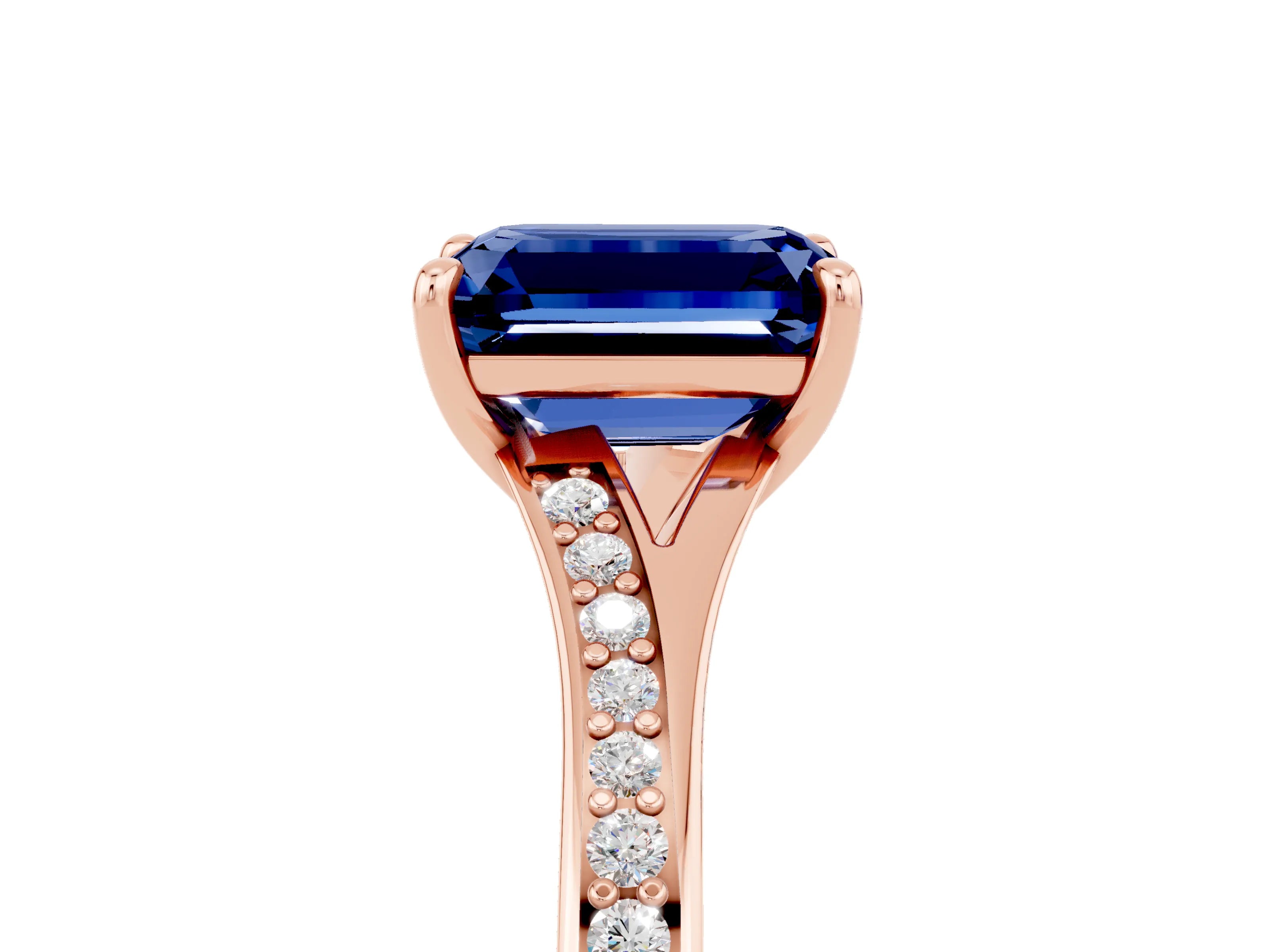 Rose gold Emerald Cut Blue Sapphire Solitaire Ring with Pavé Band and Prong Setting_5