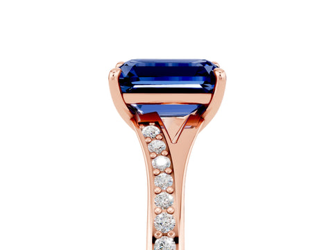 Rose gold Emerald Cut Blue Sapphire Solitaire Ring with Pavé Band and Prong Setting_5