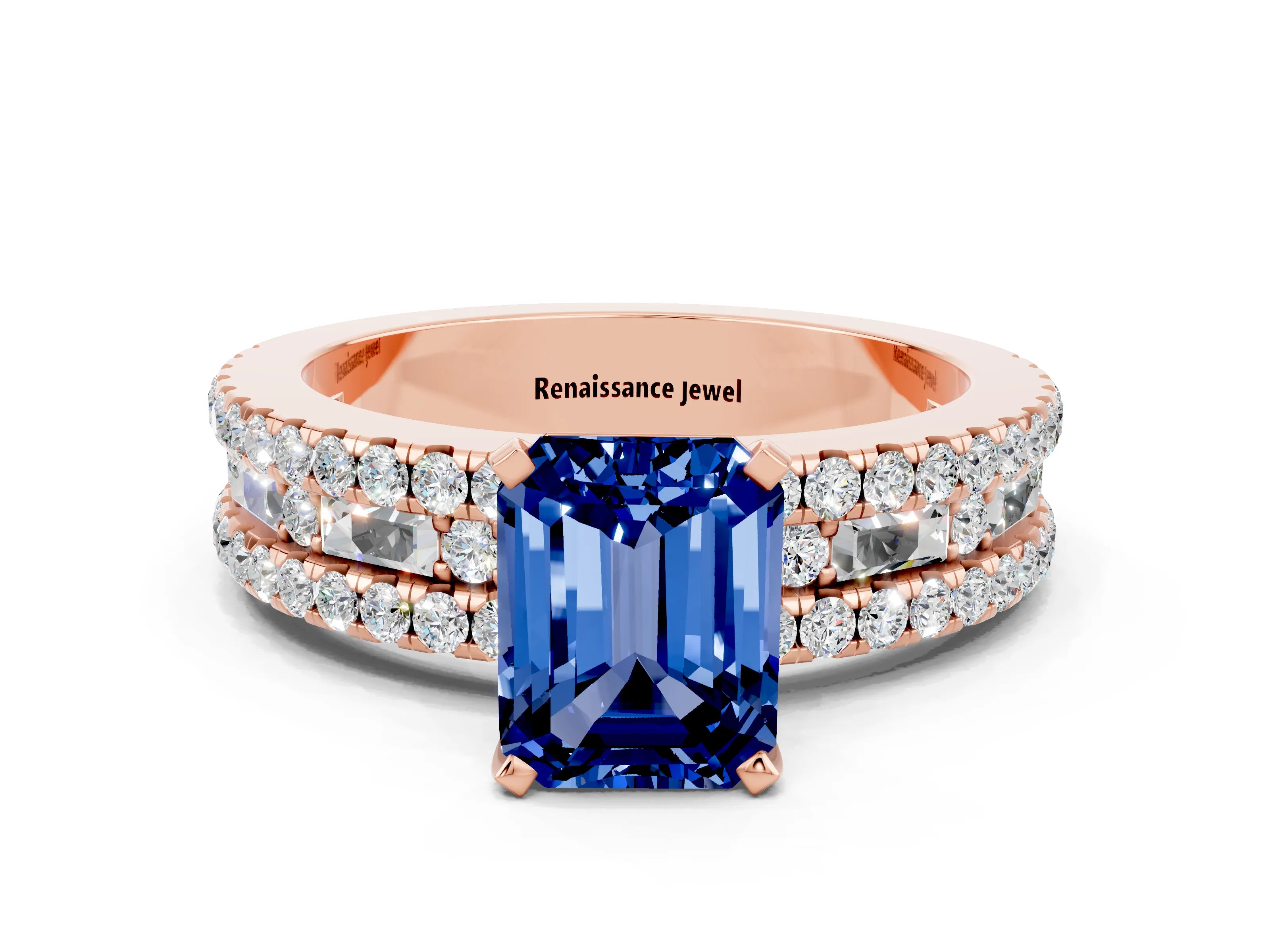 Rose gold Emerald Cut Blue Sapphire Solitaire Ring with Pavé and Channel Set Band