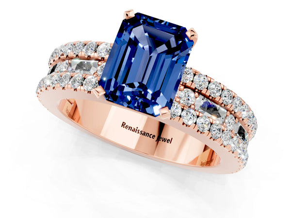 Rose gold Emerald Cut Blue Sapphire Solitaire Ring with Pavé and Channel Set Band