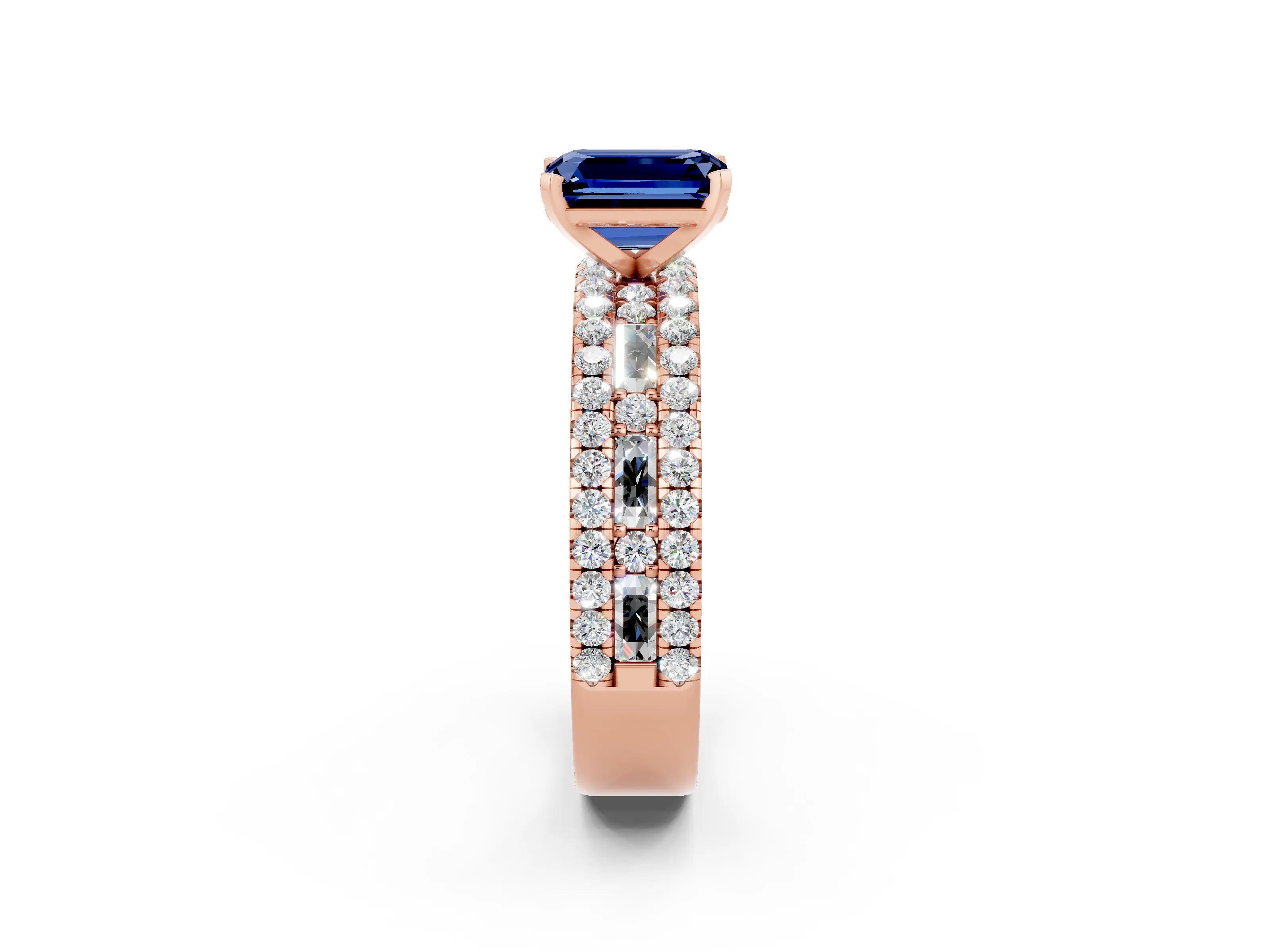Rose gold Emerald Cut Blue Sapphire Solitaire Ring with Pavé and Channel Set Band_2