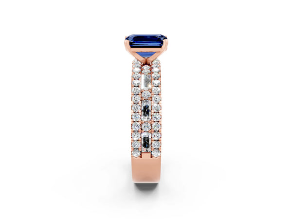 Rose gold Emerald Cut Blue Sapphire Solitaire Ring with Pavé and Channel Set Band