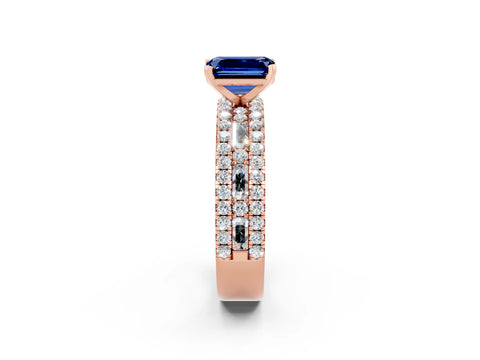 Rose gold Emerald Cut Blue Sapphire Solitaire Ring with Pavé and Channel Set Band_2