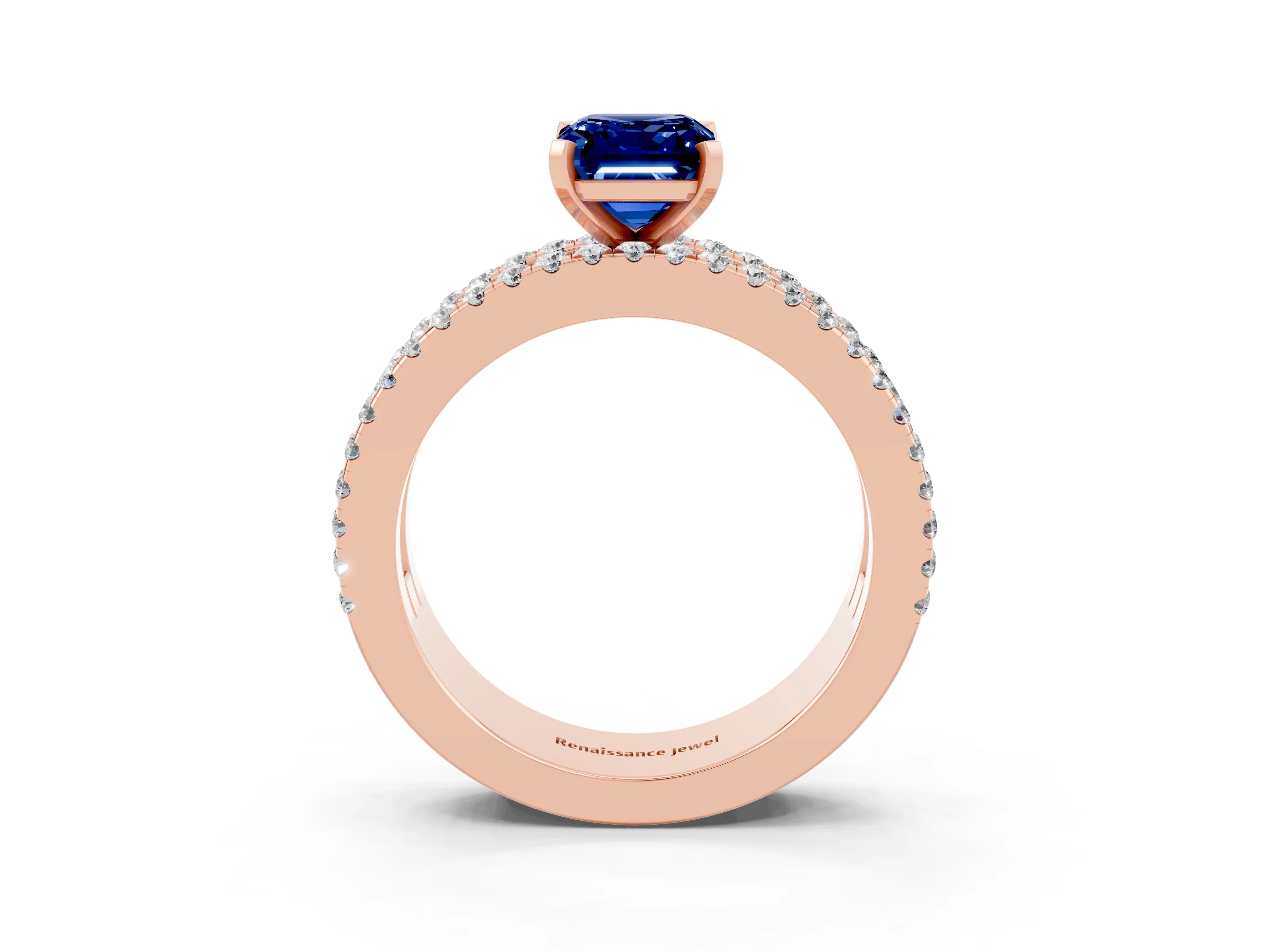 Rose gold Emerald Cut Blue Sapphire Solitaire Ring with Pavé and Channel Set Band_3