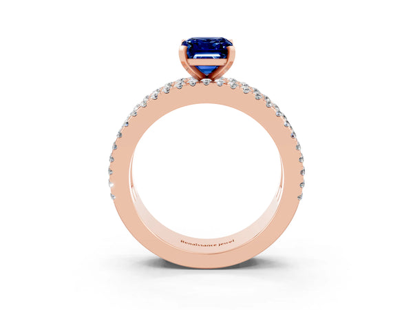 Rose gold Emerald Cut Blue Sapphire Solitaire Ring with Pavé and Channel Set Band