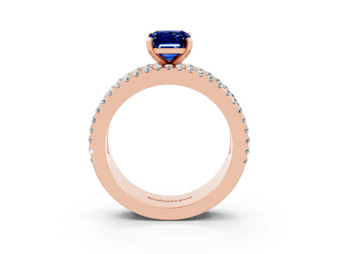 Rose gold Emerald Cut Blue Sapphire Solitaire Ring with Pavé and Channel Set Band_3