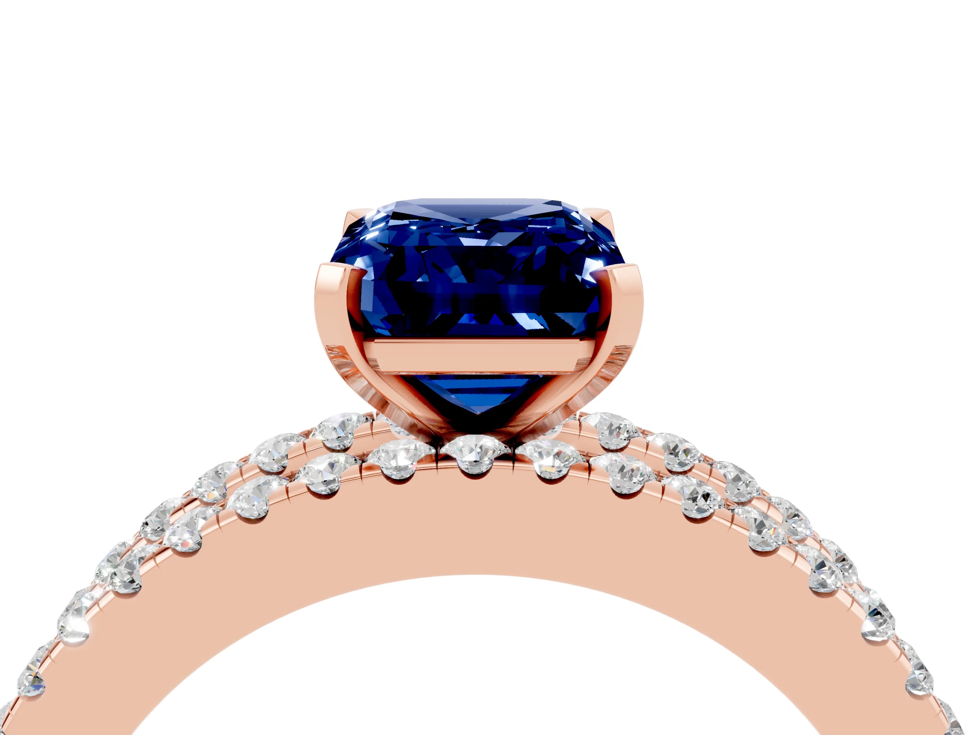 Rose gold Emerald Cut Blue Sapphire Solitaire Ring with Pavé and Channel Set Band_4