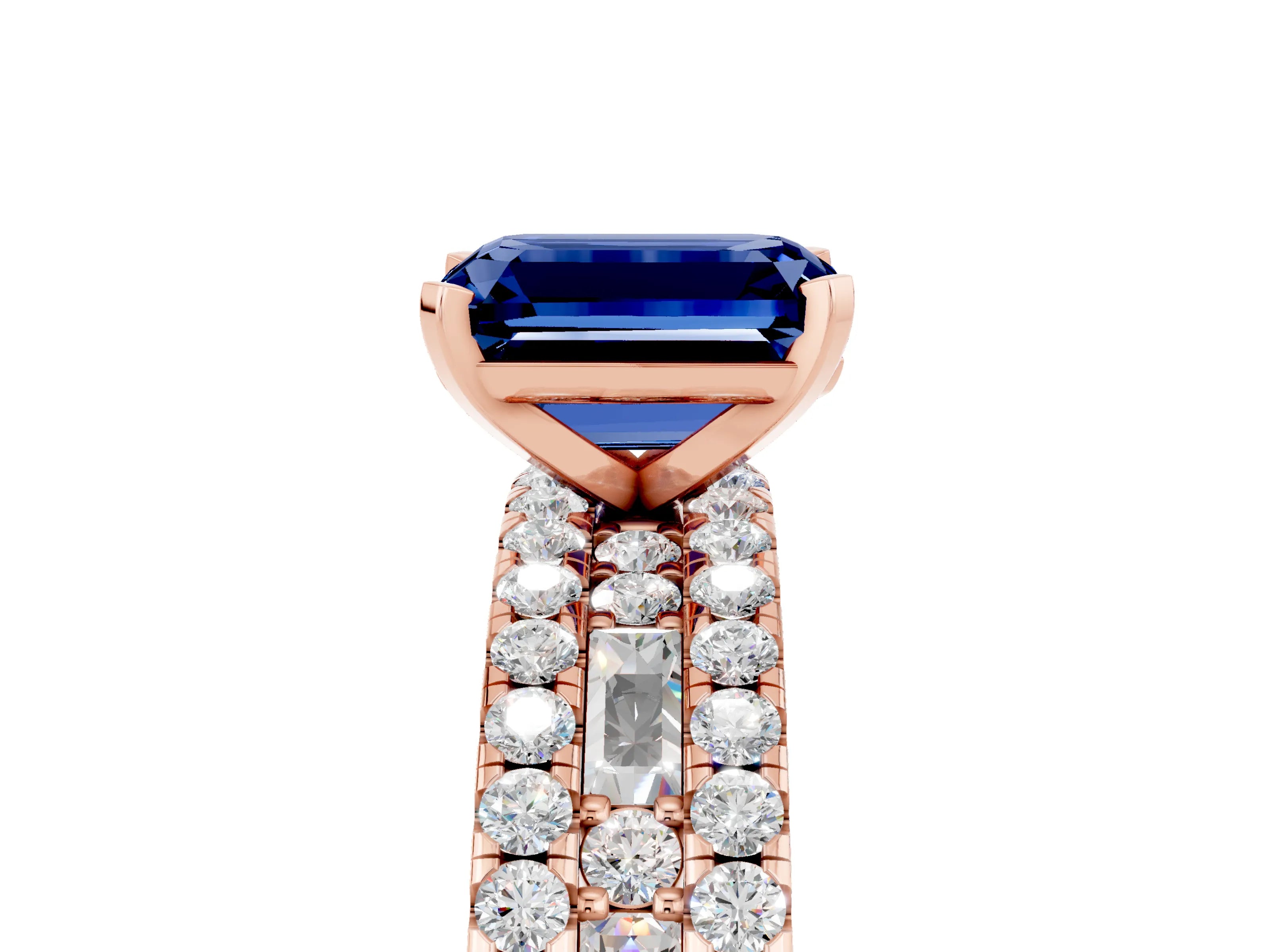 Rose gold Emerald Cut Blue Sapphire Solitaire Ring with Pavé and Channel Set Band_5
