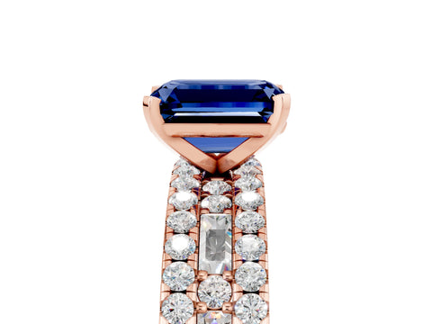 Rose gold Emerald Cut Blue Sapphire Solitaire Ring with Pavé and Channel Set Band_5