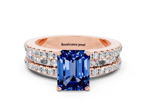 Rose gold Emerald Cut Blue Sapphire Solitaire Ring with Pavé and Channel Set Band