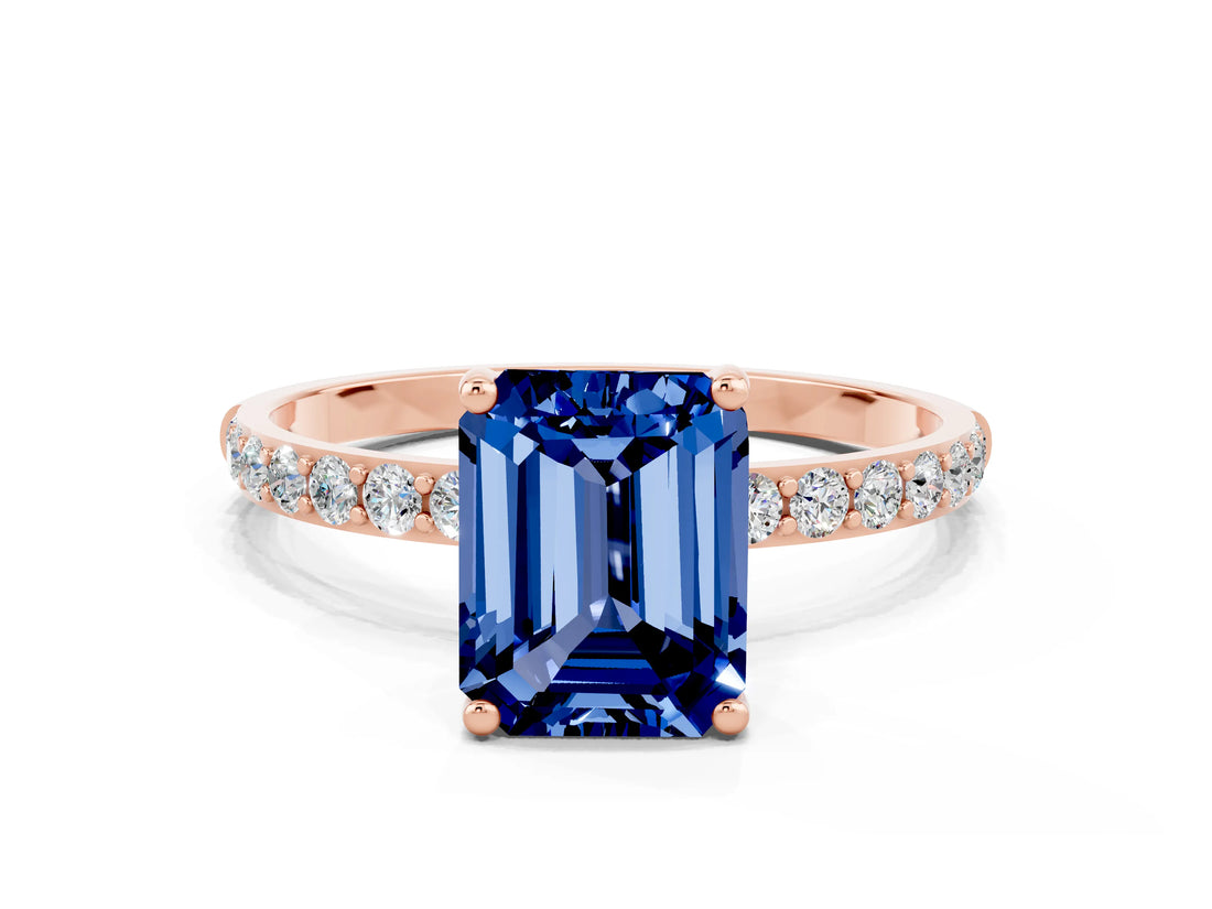 Rose gold Emerald Cut Blue Sapphire Solitaire Ring with Pave Band and Four Prong Setting_24