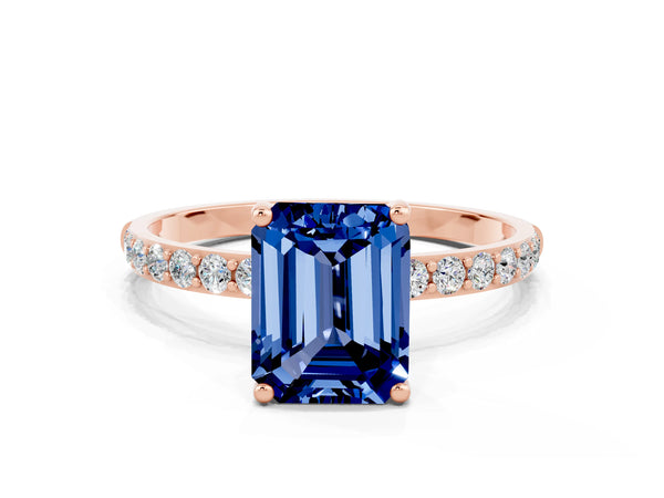 Rose gold Emerald Cut Blue Sapphire Solitaire Ring with Round  Pavé Band and Prong Setting