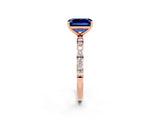 Rose gold Emerald Cut Blue Sapphire Solitaire Ring with Pave Band and Four Prong Setting_26