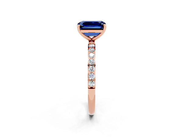 Rose gold Emerald Cut Blue Sapphire Solitaire Ring with Round  Pavé Band and Prong Setting