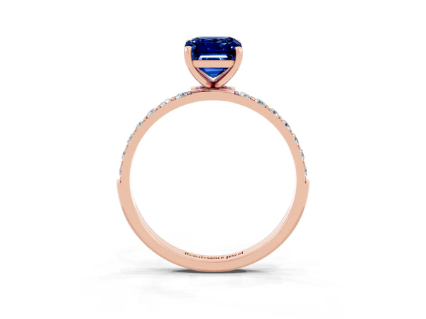 Rose gold Emerald Cut Blue Sapphire Solitaire Ring with Round  Pavé Band and Prong Setting