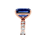 Rose gold Emerald Cut Blue Sapphire Solitaire Ring with Pave Band and Four Prong Setting_29