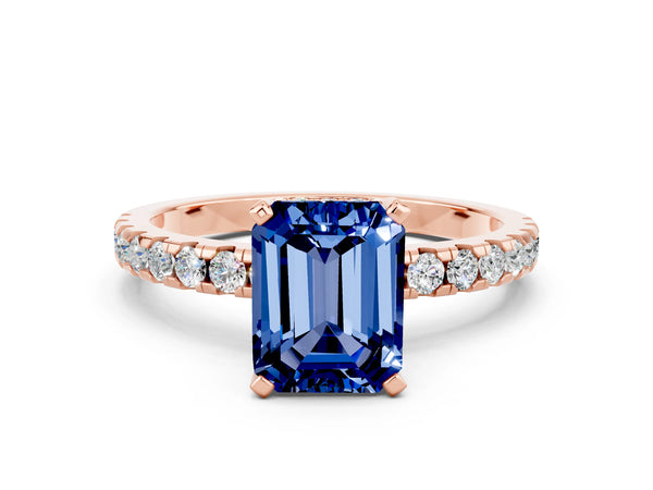 Rose gold Emerald Cut Blue Sapphire Solitaire Ring with Round  Pavé Band and Four-Prong Setting