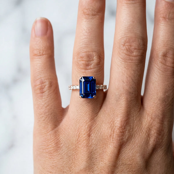 Rose gold Emerald Cut Blue Sapphire Solitaire Ring with Round  Pavé Band and Four-Prong Setting