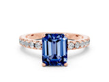 Rose gold Emerald Cut Blue Sapphire Solitaire Ring with Round  Pavé Band and Four-Prong Setting_44