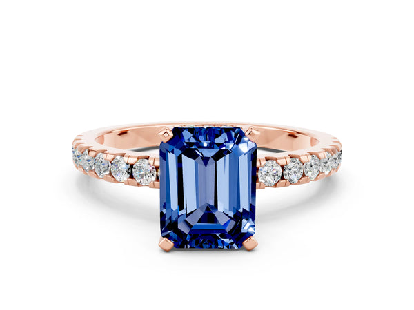 Rose gold Emerald Cut Blue Sapphire Solitaire Ring with Round Pavé Band and Four-Prong Setting