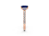 Rose gold Emerald Cut Blue Sapphire Solitaire Ring with Round  Pavé Band and Four-Prong Setting_46