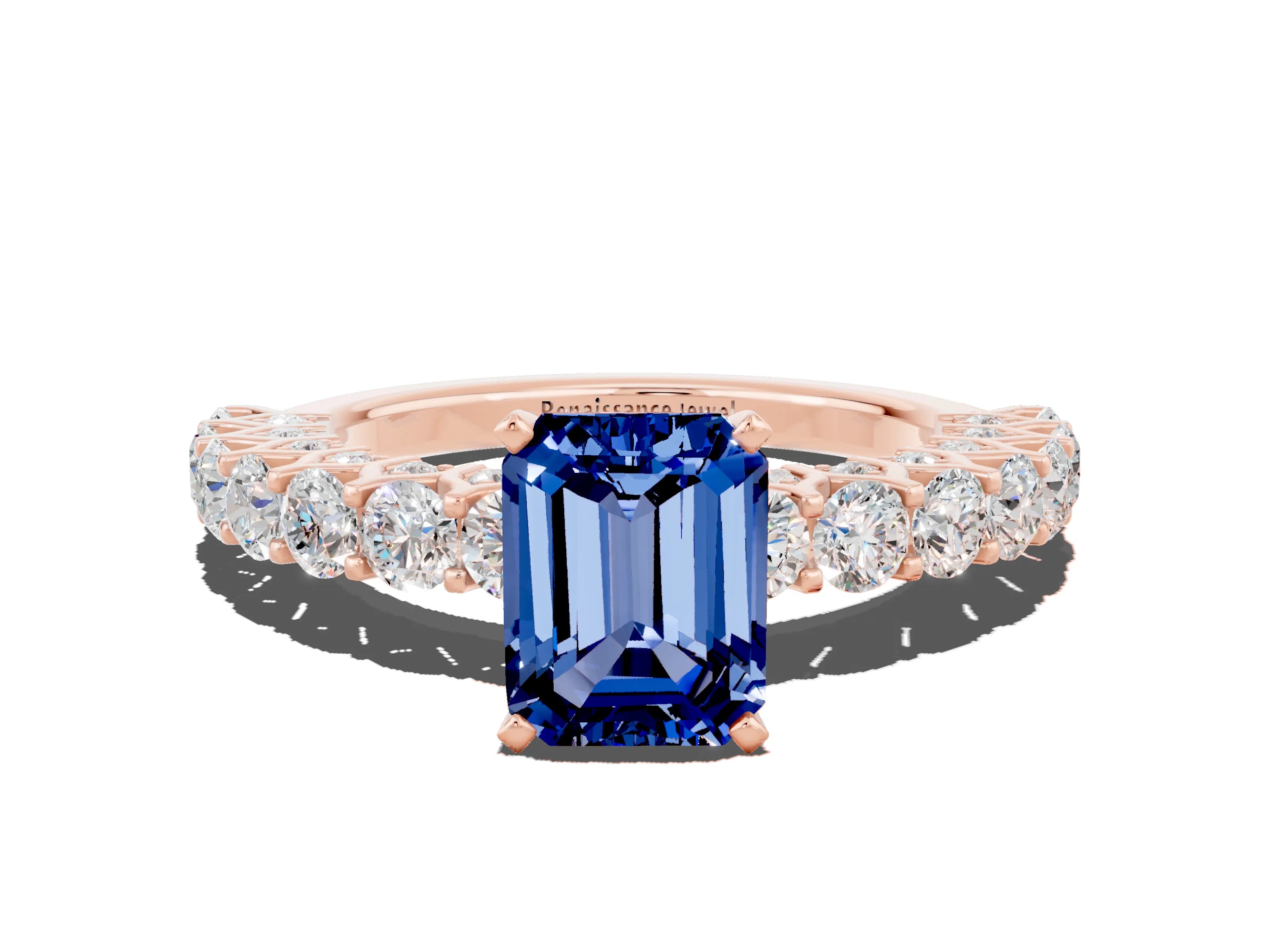 Rose gold Emerald Cut Blue Sapphire Solitaire Ring with Shared Prong Pavé Band and Four-Prong Setting