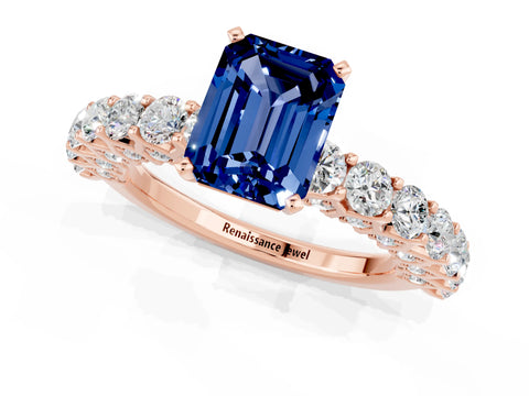 Rose gold Emerald Cut Blue Sapphire Solitaire Ring with Shared Prong Pavé Band and Four-Prong Setting_1