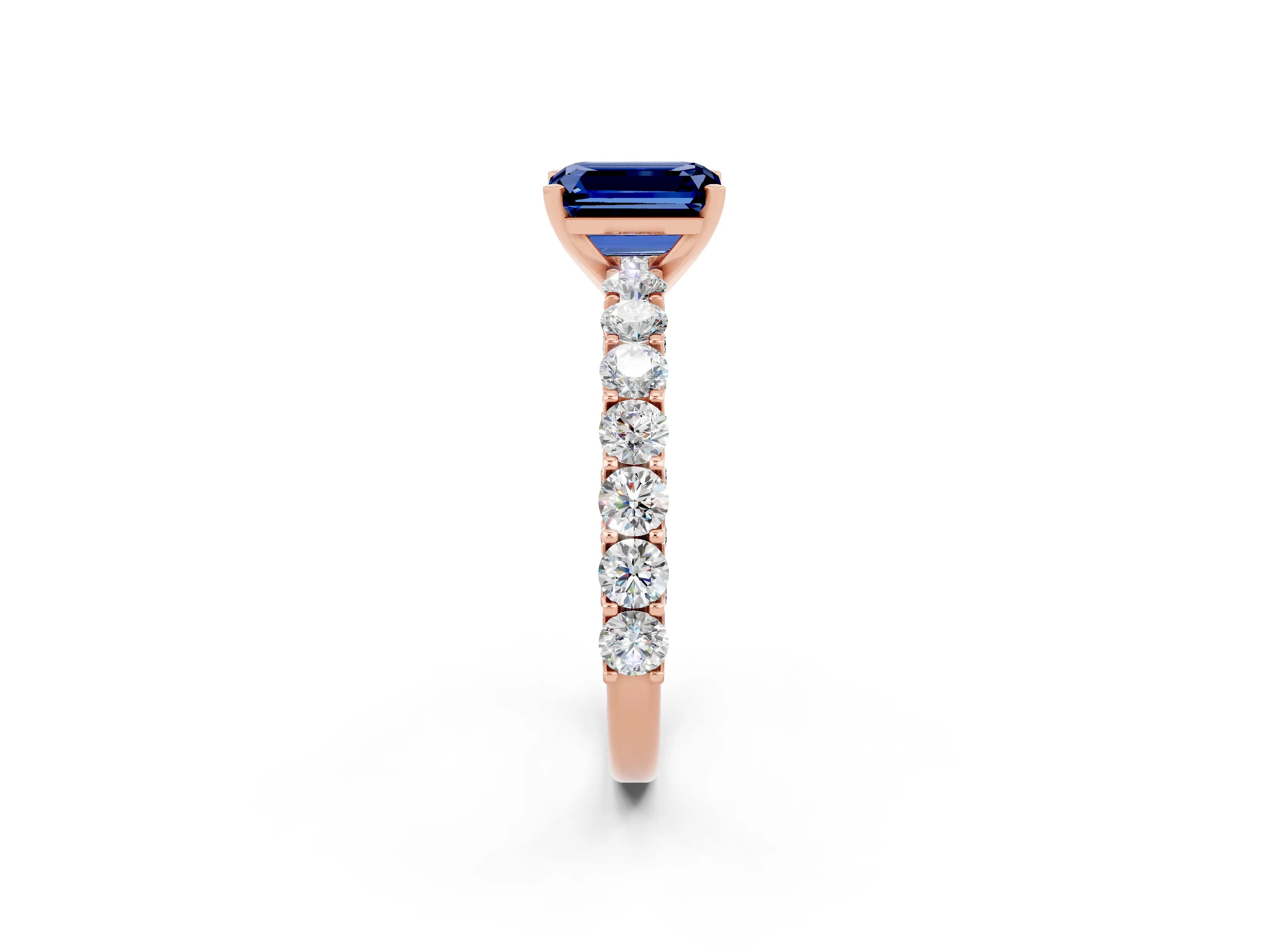 Rose gold Emerald Cut Blue Sapphire Solitaire Ring with Shared Prong Pavé Band and Four-Prong Setting_2