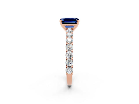 Rose gold Emerald Cut Blue Sapphire Solitaire Ring with Shared Prong Pavé Band and Four-Prong Setting_2