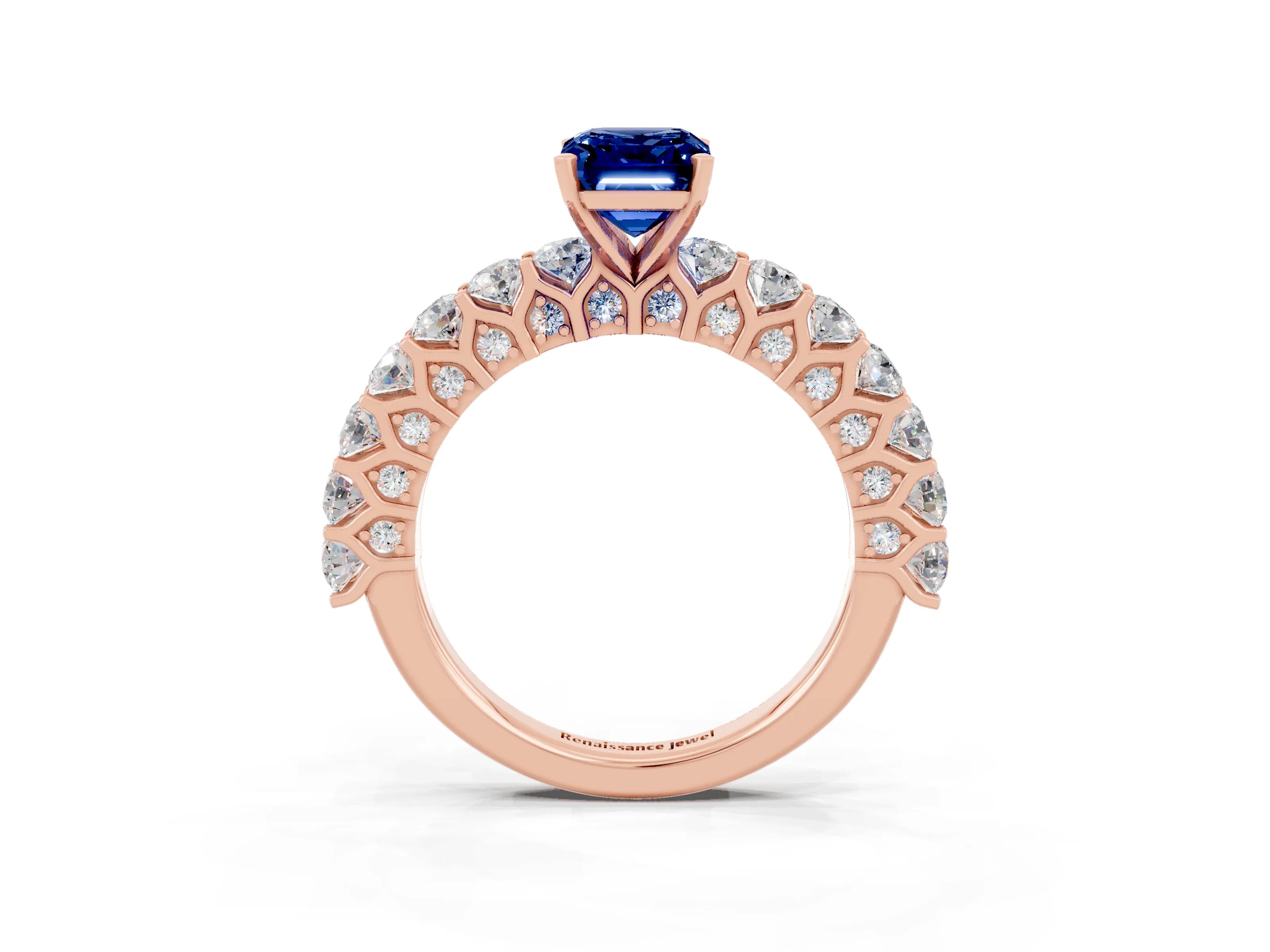 Rose gold Emerald Cut Blue Sapphire Solitaire Ring with Shared Prong Pavé Band and Four-Prong Setting_3