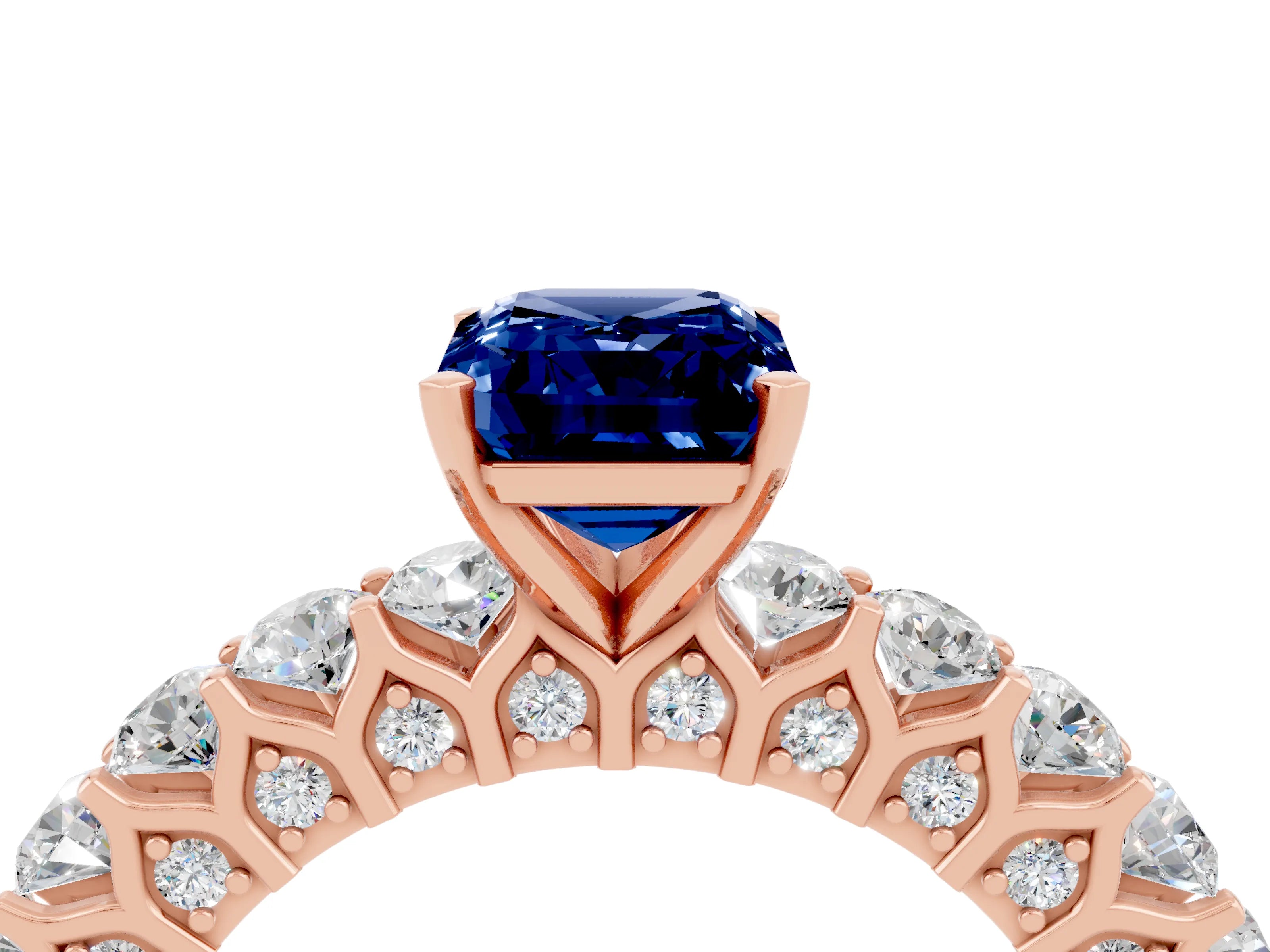Rose gold Emerald Cut Blue Sapphire Solitaire Ring with Shared Prong Pavé Band and Four-Prong Setting_4