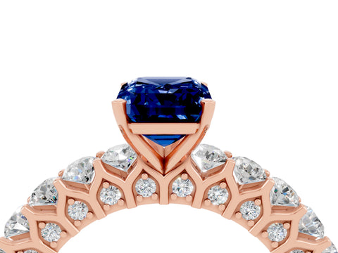 Rose gold Emerald Cut Blue Sapphire Solitaire Ring with Shared Prong Pavé Band and Four-Prong Setting_4