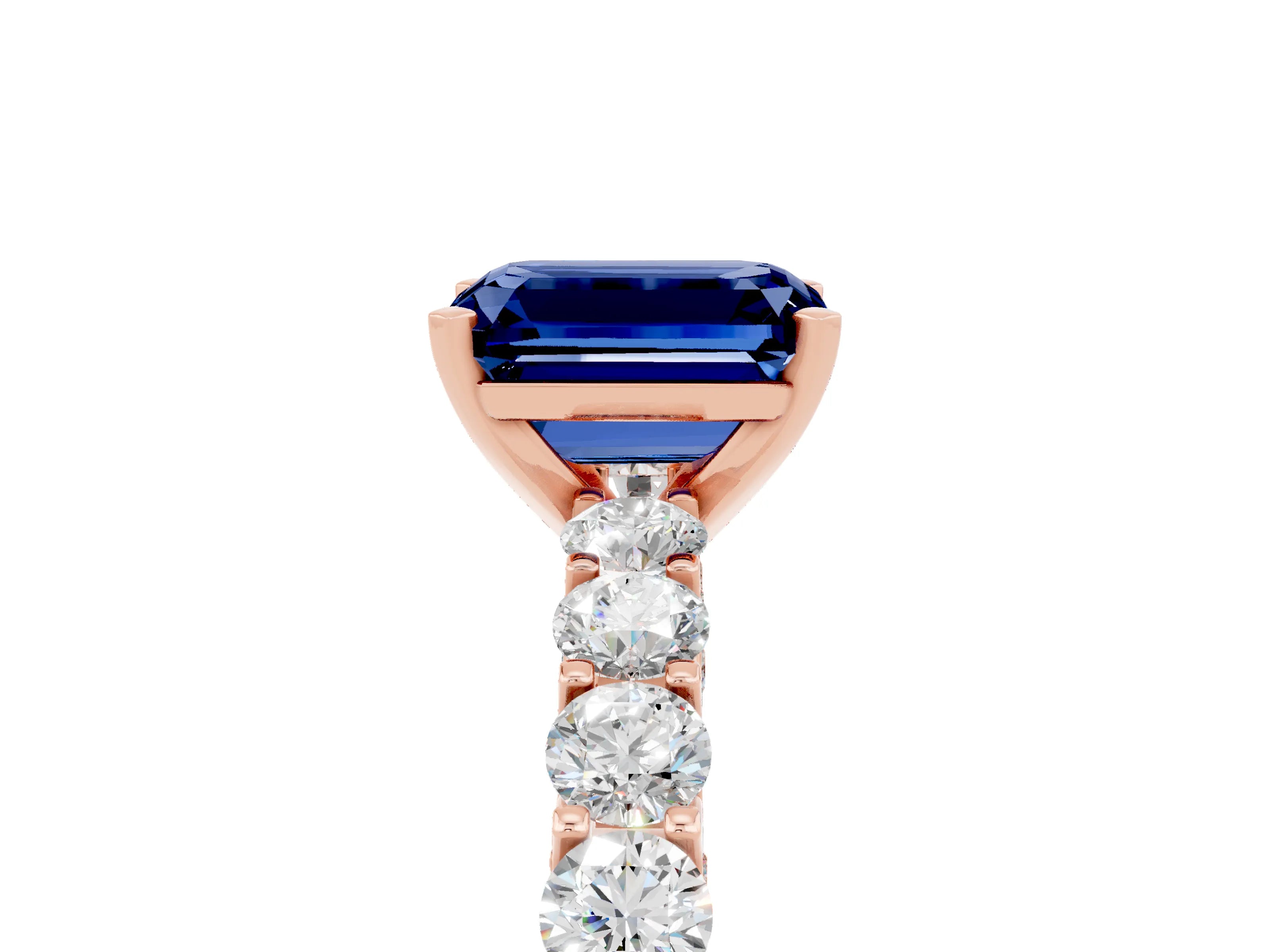 Rose gold Emerald Cut Blue Sapphire Solitaire Ring with Shared Prong Pavé Band and Four-Prong Setting_5