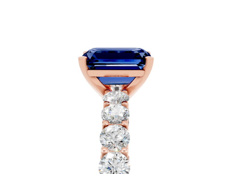 Rose gold Emerald Cut Blue Sapphire Solitaire Ring with Shared Prong Pavé Band and Four-Prong Setting_5