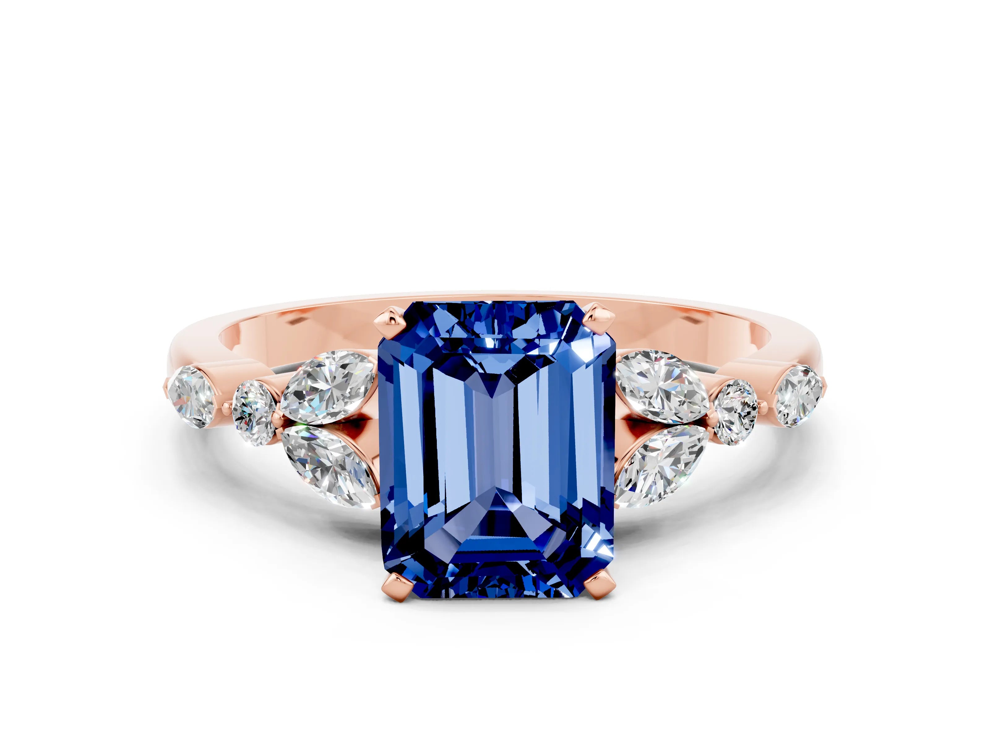 Rose gold Emerald Cut Blue Sapphire Solitaire Ring with Side Stones and Four-Prong Setting_12