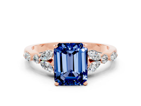 Rose gold Emerald Cut Blue Sapphire Solitaire Ring with Side Stones and Four-Prong Setting_12