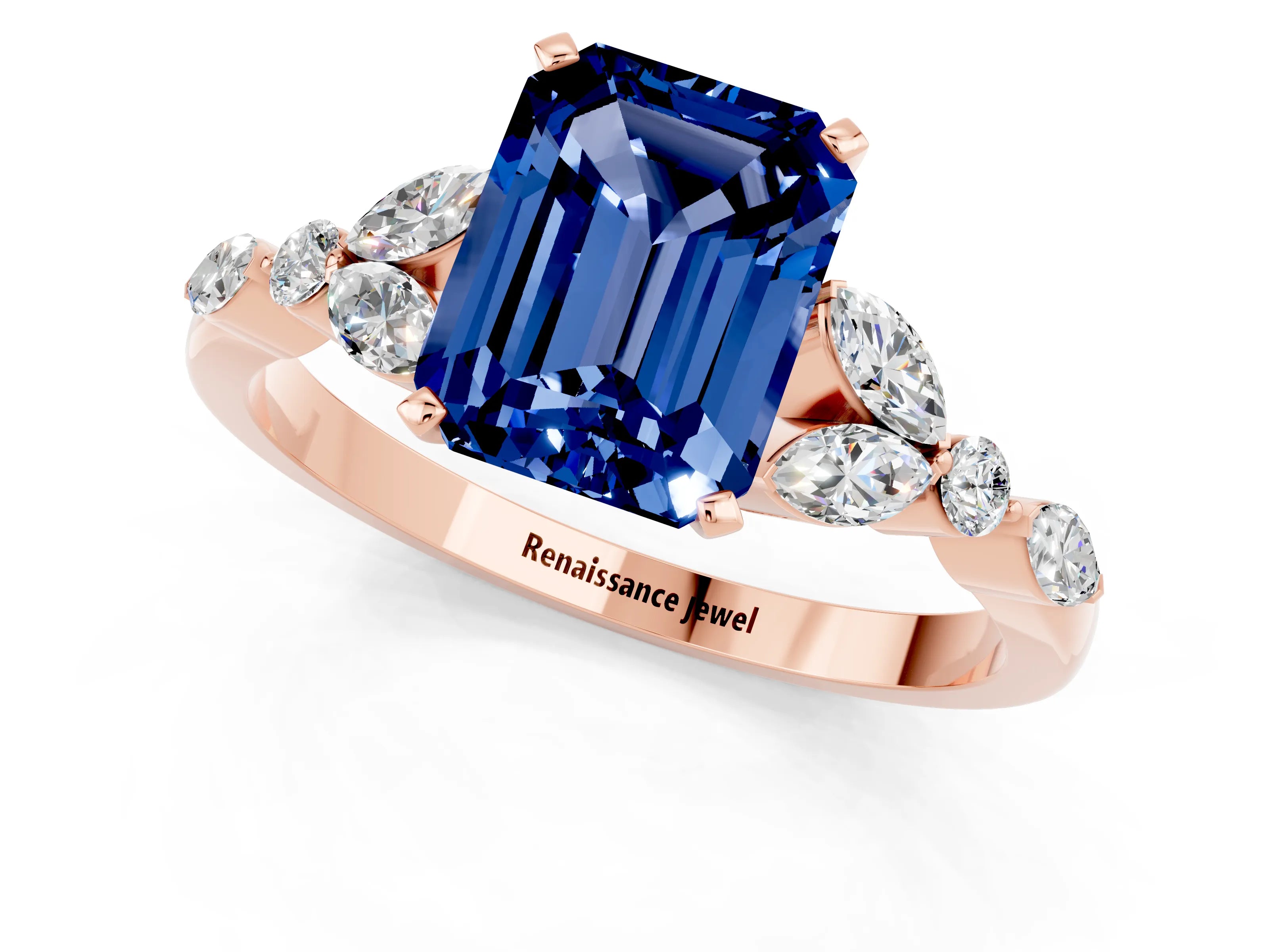 Rose gold Emerald Cut Blue Sapphire Solitaire Ring with Side Stones and Four-Prong Setting_13