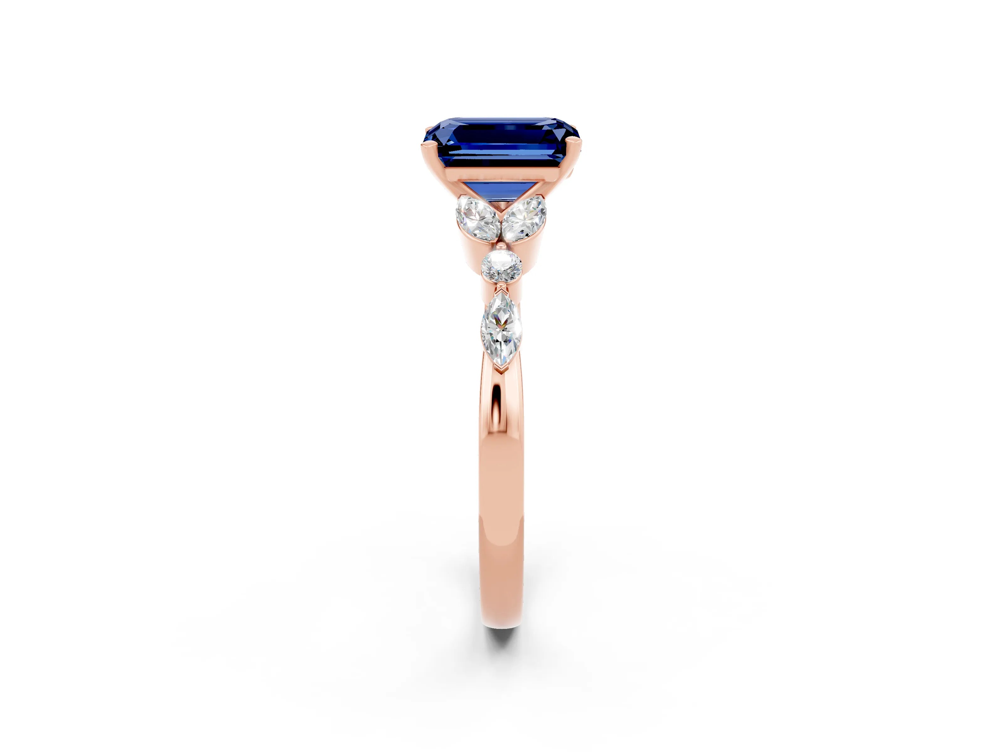 Rose gold Emerald Cut Blue Sapphire Solitaire Ring with Side Stones and Four-Prong Setting_14