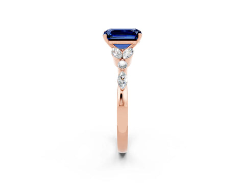 Rose gold Emerald Cut Blue Sapphire Solitaire Ring with Side Stones and Four-Prong Setting_14