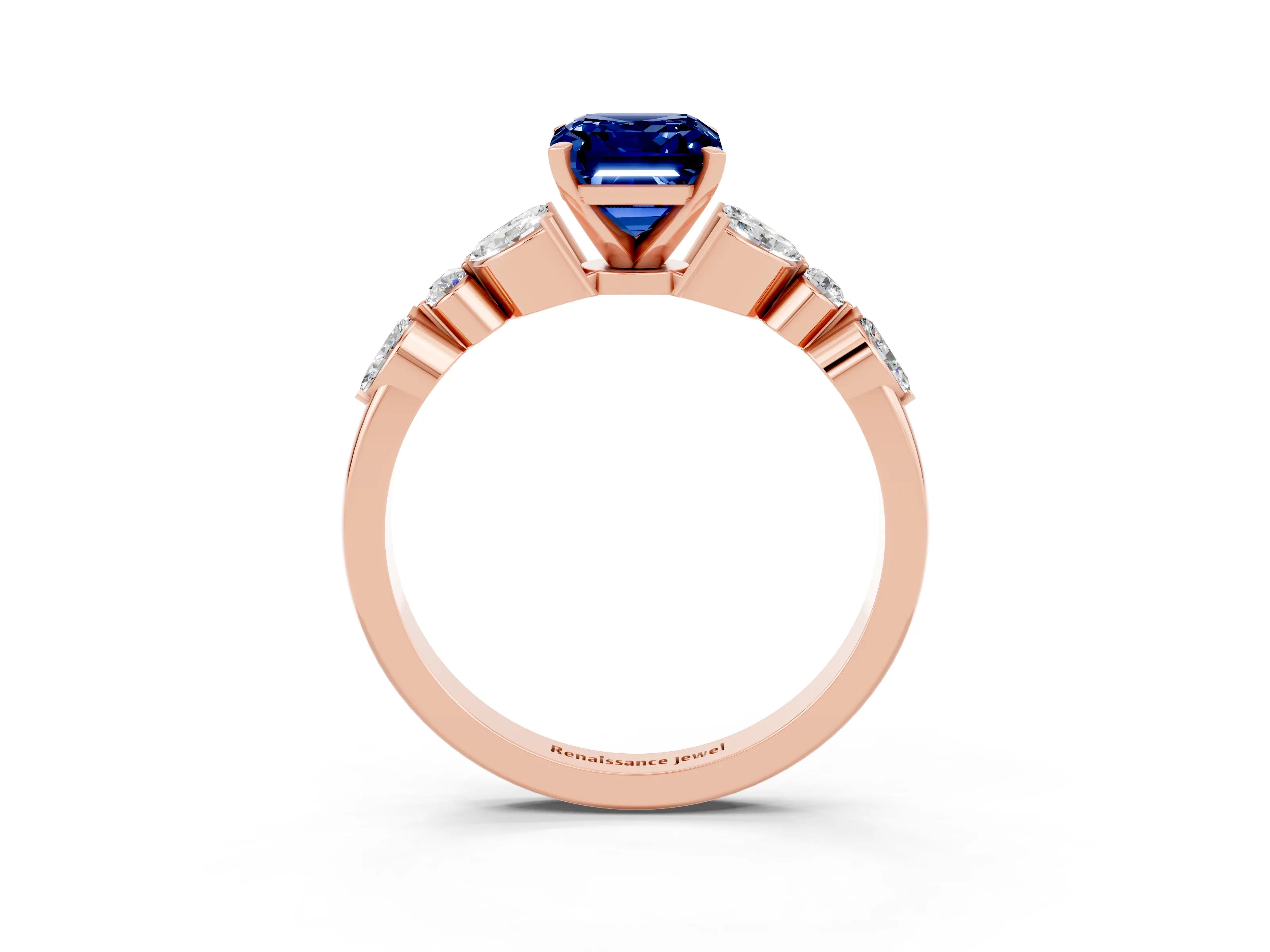 Rose gold Emerald Cut Blue Sapphire Solitaire Ring with Side Stones and Four-Prong Setting_15