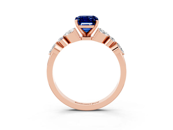 Rose gold Emerald Cut Blue Sapphire Solitaire Ring with Side Stones and Four-Prong Setting