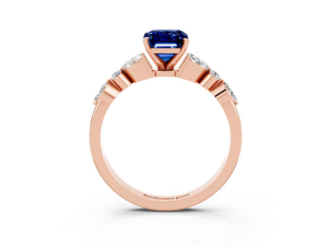 Rose gold Emerald Cut Blue Sapphire Solitaire Ring with Side Stones and Four-Prong Setting_15