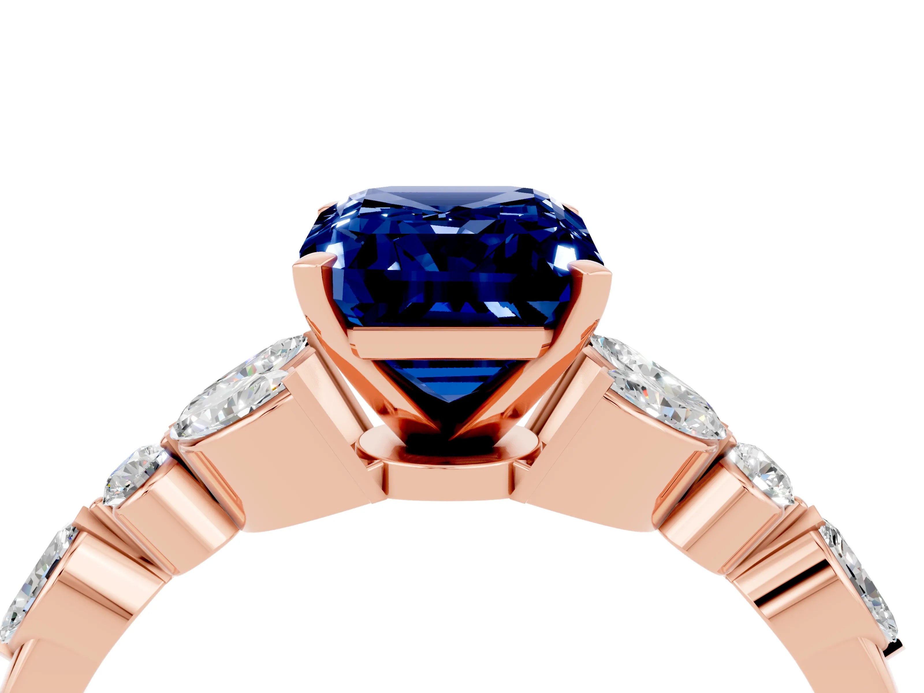 Rose gold Emerald Cut Blue Sapphire Solitaire Ring with Side Stones and Four-Prong Setting_16
