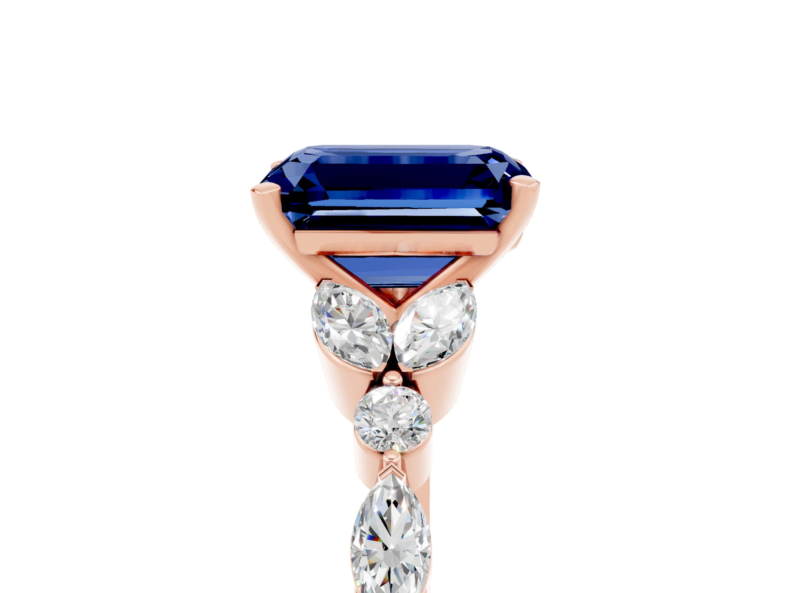 Rose gold Emerald Cut Blue Sapphire Solitaire Ring with Side Stones and Four-Prong Setting_17