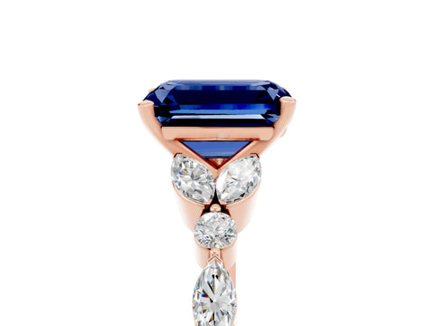 Rose gold Emerald Cut Blue Sapphire Solitaire Ring with Side Stones and Four-Prong Setting_17