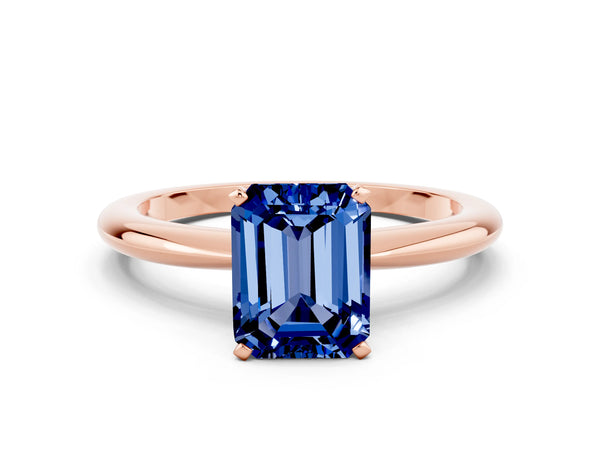 Rose gold Emerald Cut Blue Sapphire Solitaire Ring with Six-Prong Setting and Classic Band