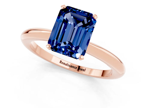 Rose gold Emerald Cut Blue Sapphire Solitaire Ring with Six-Prong Setting and Classic Band_1
