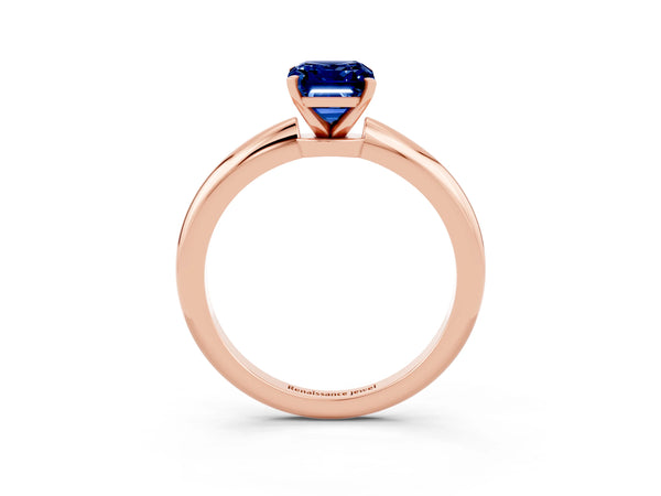 Rose gold Emerald Cut Blue Sapphire Solitaire Ring with Six-Prong Setting and Classic Band